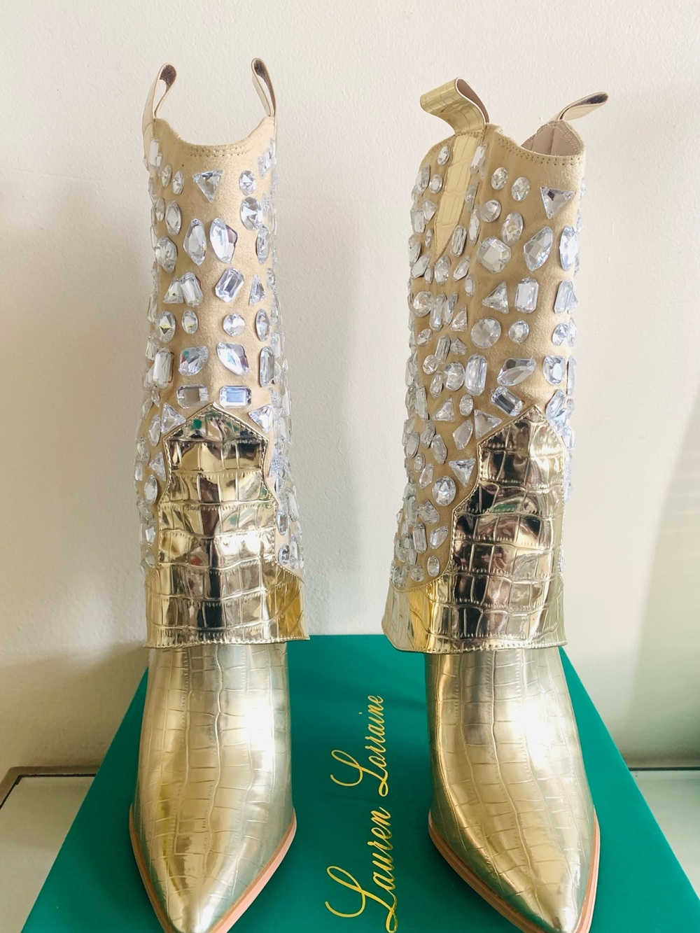 LAUREN LORRAINE HANA Metallic Mirrored Stiletto Boot-Sz.7.0-GOLD, NIB-READ!!